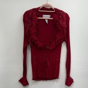 Vintage Whimsical Red Blouse with Floral Accents Valentines/Christmas